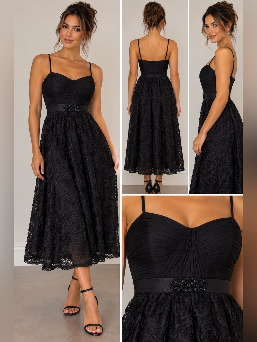 * Adrianna Papell Black Rosette Floral Strapless Style Spaghetti Strap Dress 8 P